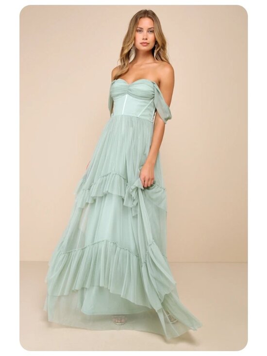 Lulus Dresses & Skirts - Lulus Sage Green Stunning Personality Mesh Off The Shoulder Maxi Dress sz S